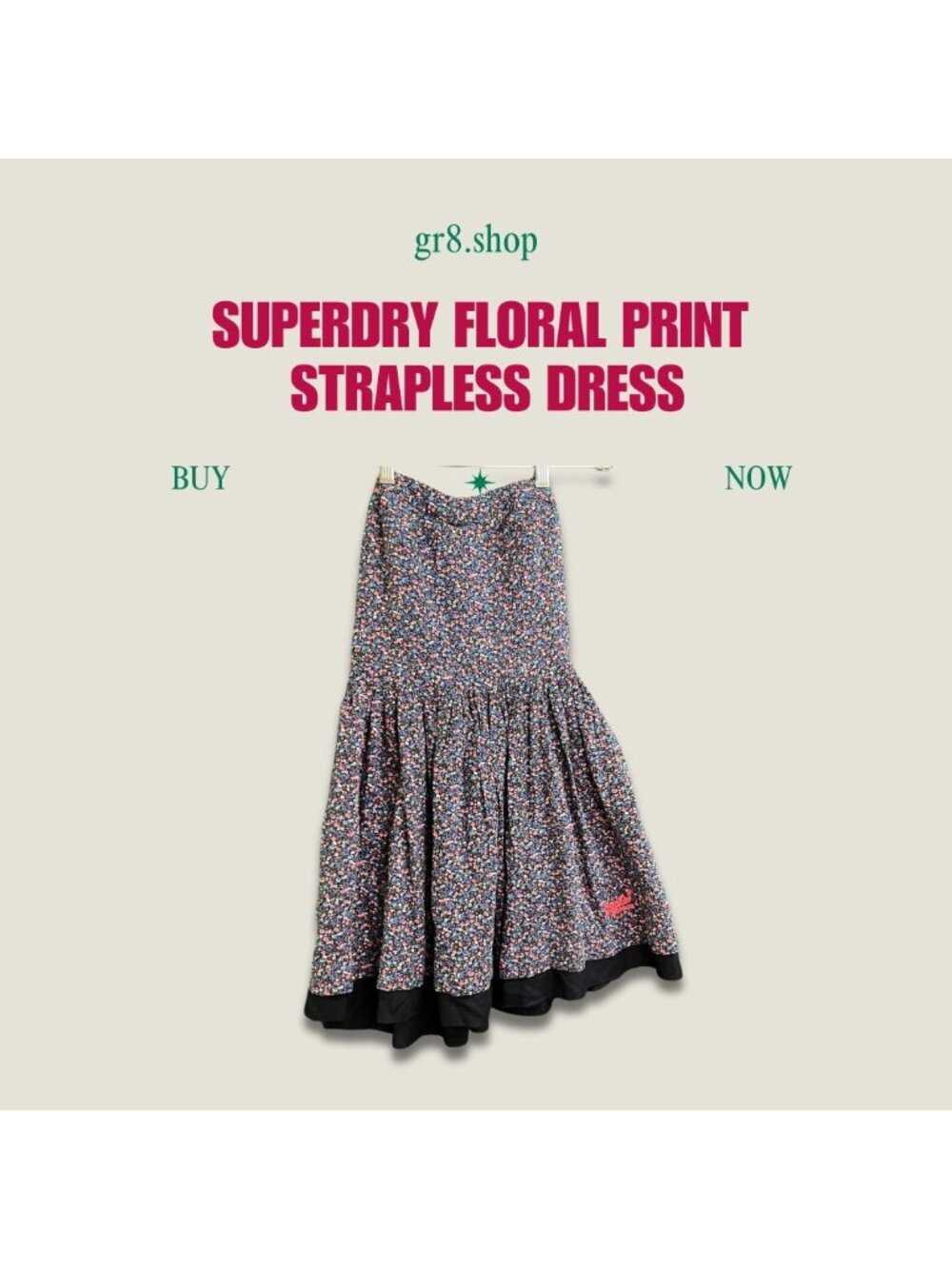 SUPERDRY Floral Print Strapless Dress XS Black Multicolor